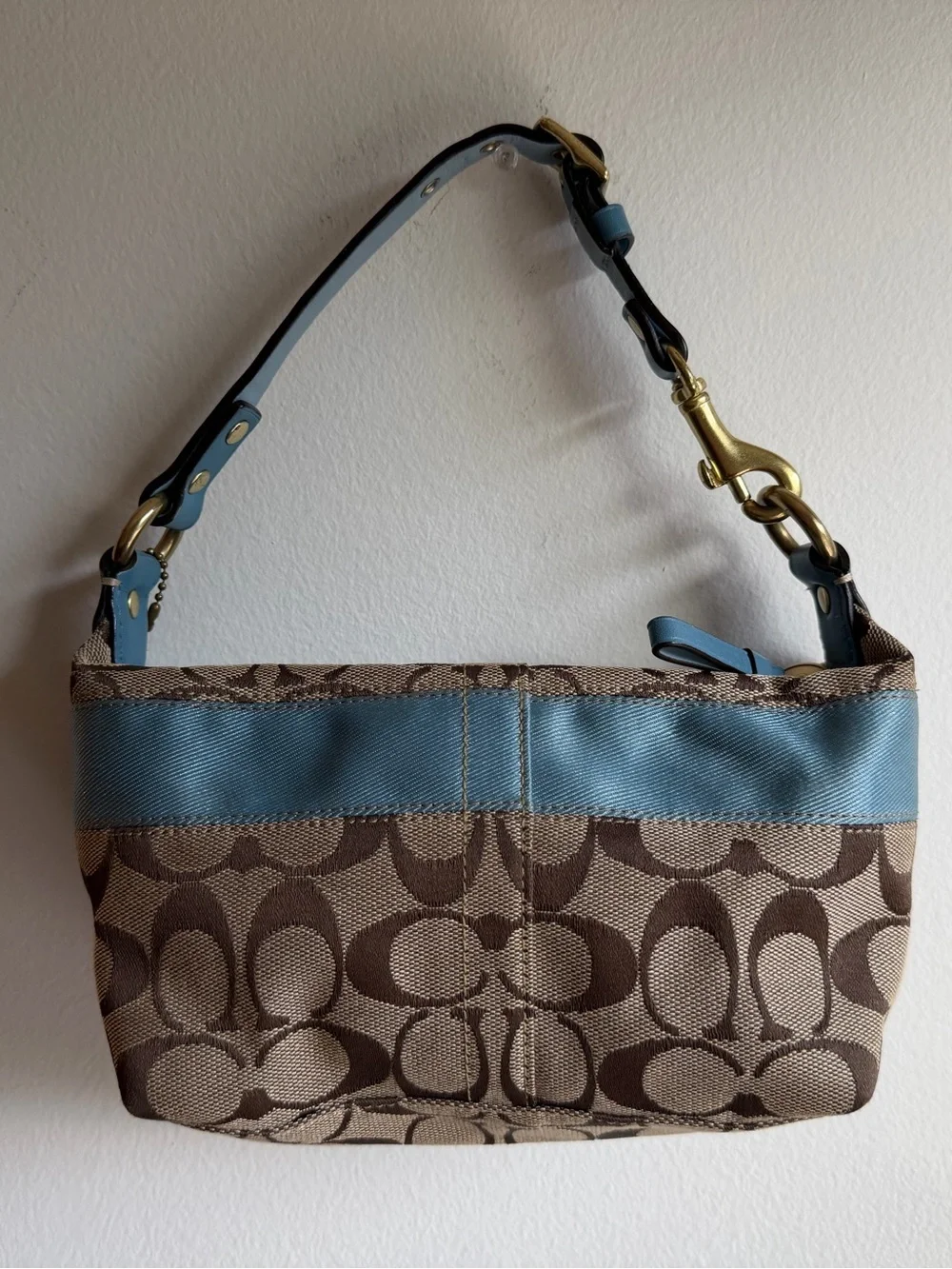 Vintage Y2K Coach 11206 Signature Stripe Demi Shoulder Bag Baby Blue 2007